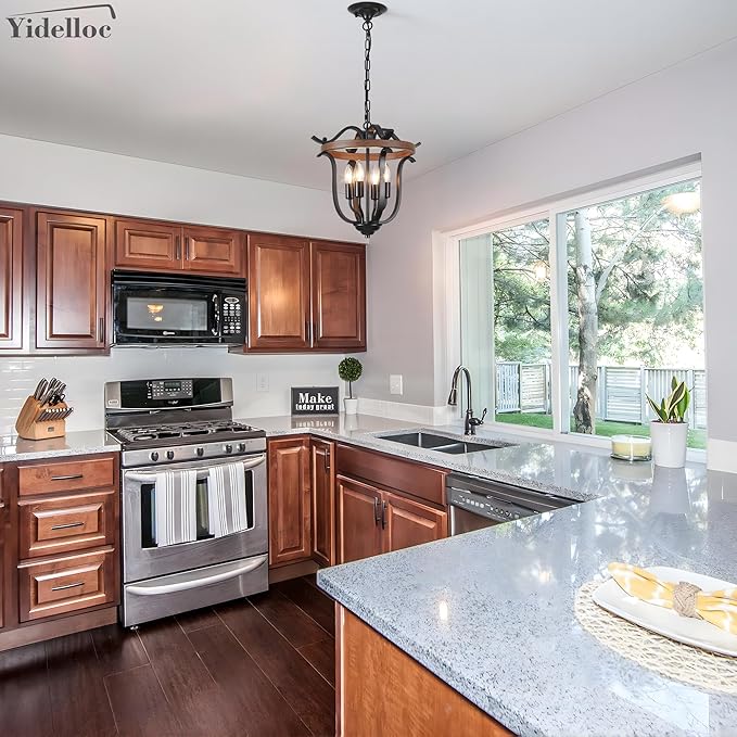 Black Farmhouse Chandelier 4 Lights, Vintage Cage Chandeliers E12 Base Ceiling Light Fixtures Semi Flush Mount Lantern Pendant Light for Dining Room Entryway Hallway Foyer Kitchen