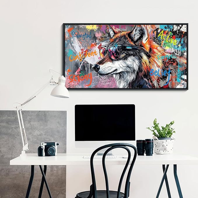 JEAWA Framed Canvas Wall Art - 20x40 In Abstract Painting Decor, Inspirational Graffiti Wolf Pictures, Modern Street Art Prints for Bedroom Living Room Bathroom Home Decoration
