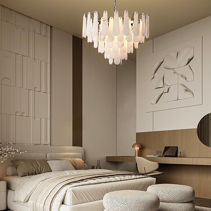 Alabaster Chandelier, D31.5 in Modern Round Chandelier, 6-Tiers Luxury Large White Marble Black Chandeliers for Dining Room Bedroom Foyer Living Room Entryway