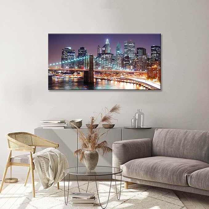 NAN Wind 1PCS New York City Skyline Canvas Wall Art Brooklyn Bridge at Sunset Golden Hour Manhattan Cityscape Pictures Canvas Artwork East River Reflection Modern Urban Home Decor Living Room Office