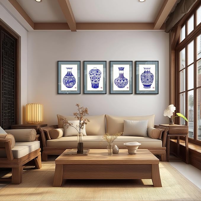 crmotu Chinoiserie Wall Art, Chinoiserie Paper-cutting Wall Decor Set of 4, Oriental Blue and White Porcelain Vase Framed Asian Art for Living Room Hallway Hotel Antique Wall Decor, 17X25 Inch