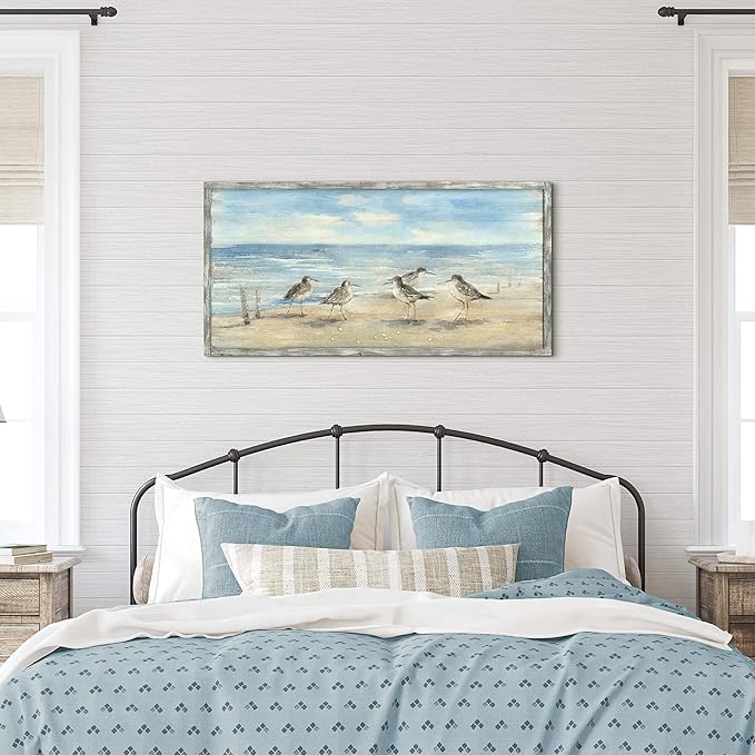 Coastal Framed Painting Wall Decor: Abstract Ocean Wall Art 40"x20" Seagulls Oil Painting Style Beach Picture Printed on Wood Seascape Artwork for Bedroom