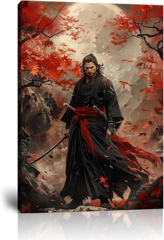 Oriental Samurai Wall Art Black and Red Warrior Wall Decor Canvas Prints Warrior Figure Pictures Bushido Posters Artwork Framed for Living Room Bathroom Bedroom Office (18''W x 24''H)
