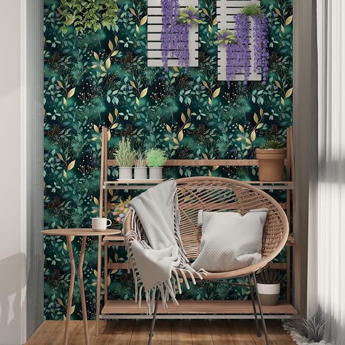 Blue Leaf Peel and Stick Wallpaper Gold Leaf Contact Paper Blue Floral Wall Mural Home Vinyl Waterproof Self Adhesive Removable Renter Friendly Wall Paper 17.5" x 78"