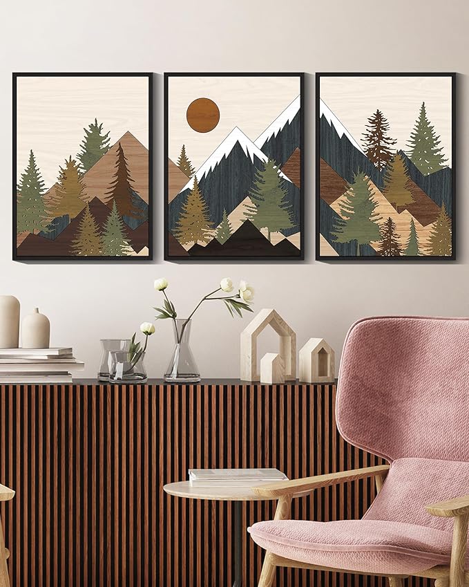 KUVIOKE Morden Mountains Framed Wall Art Boho Pine Tree Forest Nature Landscape Artwork Bohemain Farmhouse Rustic Bedroom Living Home Decor 12x16in (Black Framed)