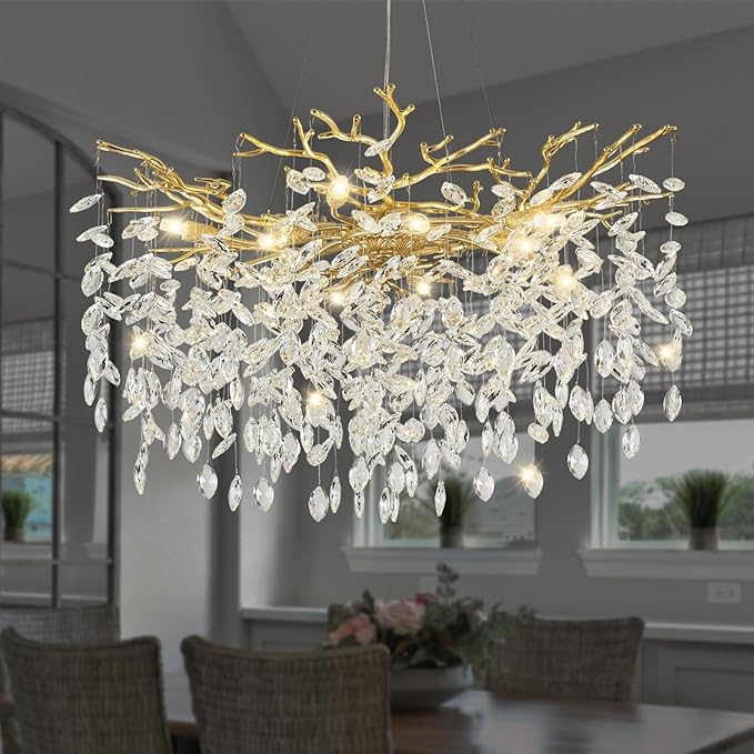 Modern Crystal Chandelier, 31.5" Chandeliers for Dining Room Gold Tree Branch Chandelier Lighting, Round Dining Room Chandeliers Over Table, Branches and Crystals Ceiling Light Fixtures