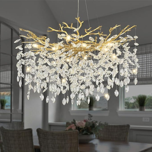 Modern Crystal Chandelier, 31.5" Chandeliers for Dining Room Gold Tree Branch Chandelier Lighting, Round Dining Room Chandeliers Over Table, Branches and Crystals Ceiling Light Fixtures