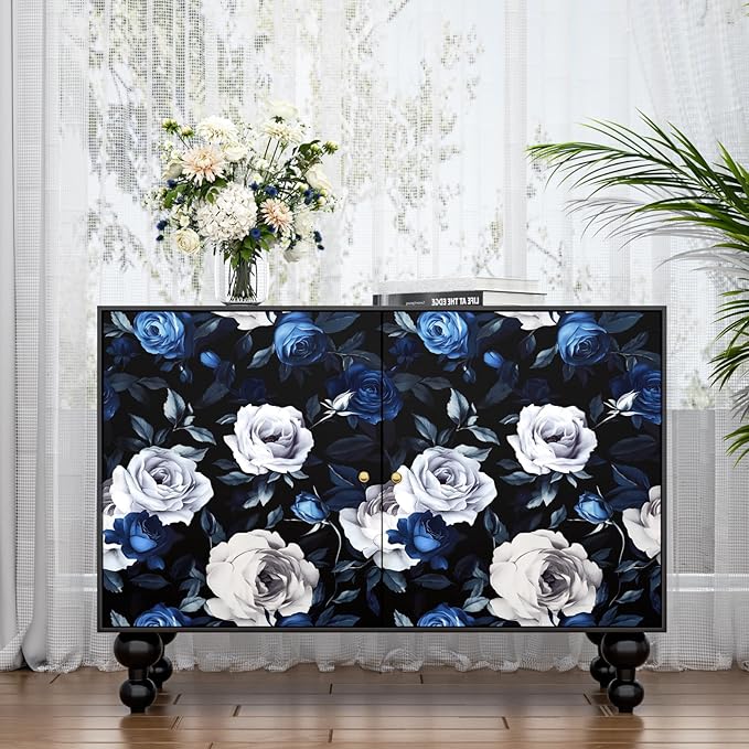 Black Foral Wallpaper Peel and Stick Dark Blue White Rose Contact Paper, Self-Adhesive Removable Vintage Flower Wall Paper for Bedroom Countertop Desk Cabinets Decor 17.4" x 118" Renter Friendly
