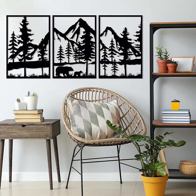 Mountain and Bear Metal Wall Art Set of 3, Forest Wall Decor, Mountain Forest Landscapes Ready to Hang Wall Decorations, Wilderness Scenery Art, Modern Art for Farmhouse, Living Room, Bedroom