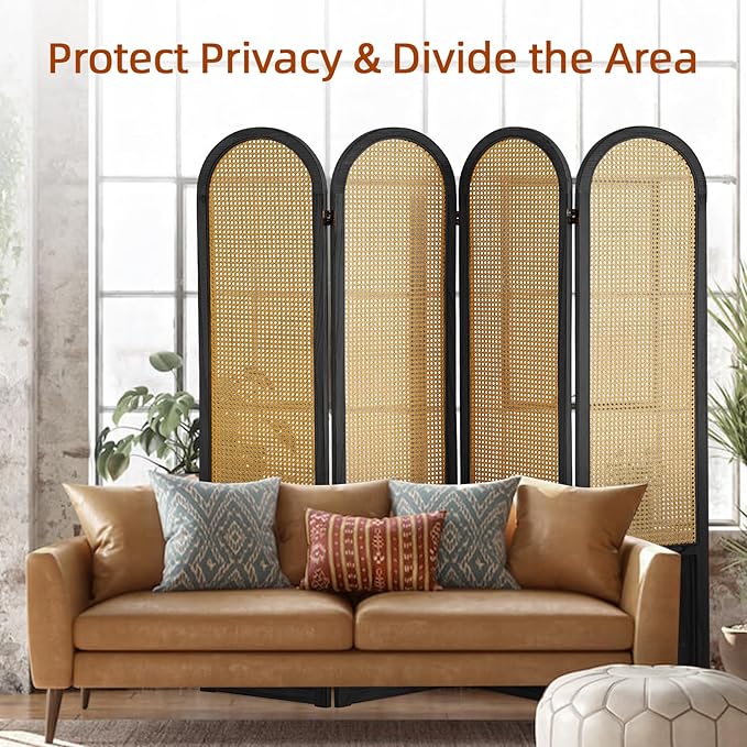 4 Panel Room Dividers and Folding Privacy Screens, Hand-Made Rattan Room Divider with Bi-Directional Hinge, Pre-Assembled Wood Room Divider Wall for Home Office Bedroom, Black