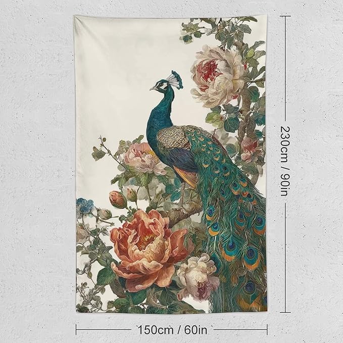 UUKXKUU Peacock Oriental Retro Blooming Flowers Tree Tapestry Wall Decor Large Wall Art Backdrop Flag Hanging for Bedroom Living Room Dorm Office 60"×90"