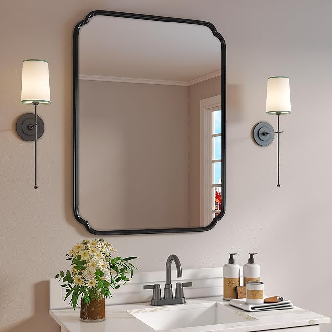 Black Bathroom Vanity Mirrors for Over Sink 24" x 36" Modern Rounded Corner Rectangle Mirror with Non-Rusting Iron Metal Framed Wall Mounted Decorative Mirror (Horizontal/Vertical)