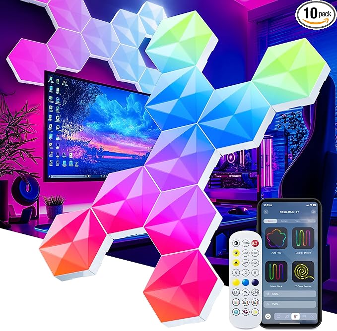 10 Pack Smart Hexagon Light Panels, 55mm RGBIC Color Changing with App & Remote, Music Sync for Gaming Room/Party Decor