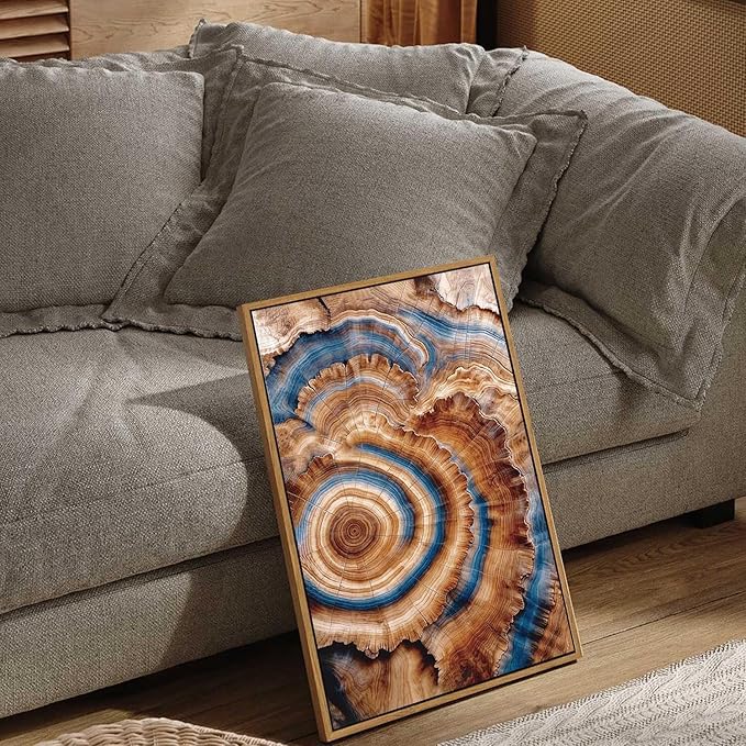 BingruiArt Framed Tree Ring Canvas Wall Art Abstract Wood Wall Decor Boho Modern Colorful Nature Painting Wood Stump Prints Pictures for Living Room Bedroom Bathroom Office 16"x24" Natural Framed(10)