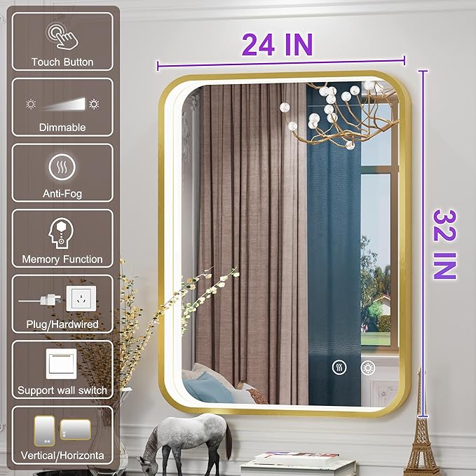 24x32 Inch Gold LED Bathroom Mirror with Lights, 3000K/4500K/6000K, Lighted Bathroom Vanity Mirror, Wall Mounted, Stepless Dimmable, Memory Funtion, Anti-Fog, Horizontal/Vertical