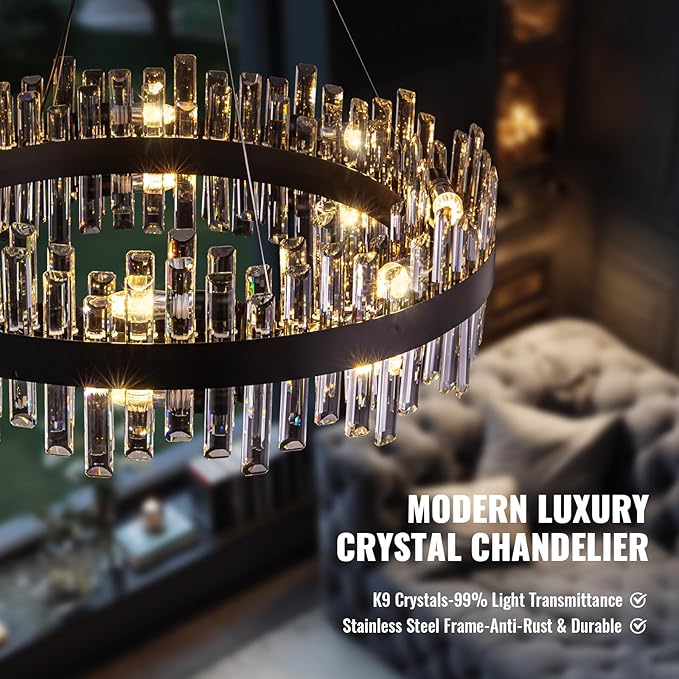 Modern Crystal Chandelier for Dining Room,16-Light Black Round Chandelier, 31.5-inch K9 Crystal Raindrop Ceiling Light, Luxury Flush Mount Light Fixture for Kitchen Living Room