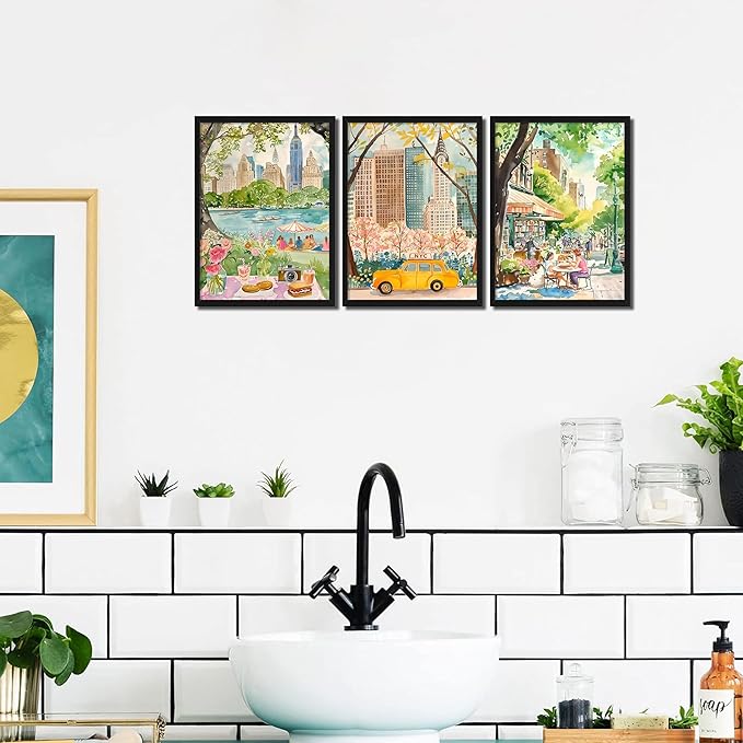 MUWAK Framed New York City Canvas Wall Art Set of 3 – Colorful NYC Skyline Central Park Yellow Taxi Posters, Modern Urban Landscape Wall Decor for Living Room Bedroom Office – 16x24in