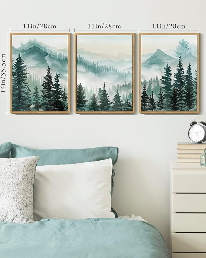 KUVIOKE Fog Pine Tree Mountain Landscape Framed Wall Art Watercolor Nature Misty Forest Painting Vintage Farmhouse Rustic Wall Decor for Bedroom Hallway 11x14in (Natural Framed)
