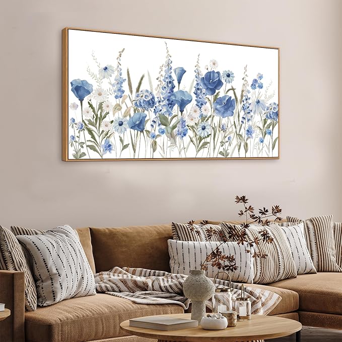 arteWOODS Elegant Flowers Framed Wall Art - Blue White Botanical Pictures for Wall Decor Floral Blossom Canvas Painting Print Artwork for Living Room Bedroom Home Office Wall Decoration 24" x 48"