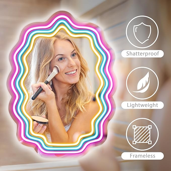 Kavaas Wavy Neon Mirror 16.9" x 12.7", LED Wave Mirror with Lights for Bedroom, Girls Room - Best Gifts for Teen Girls, Birthday, Christmas