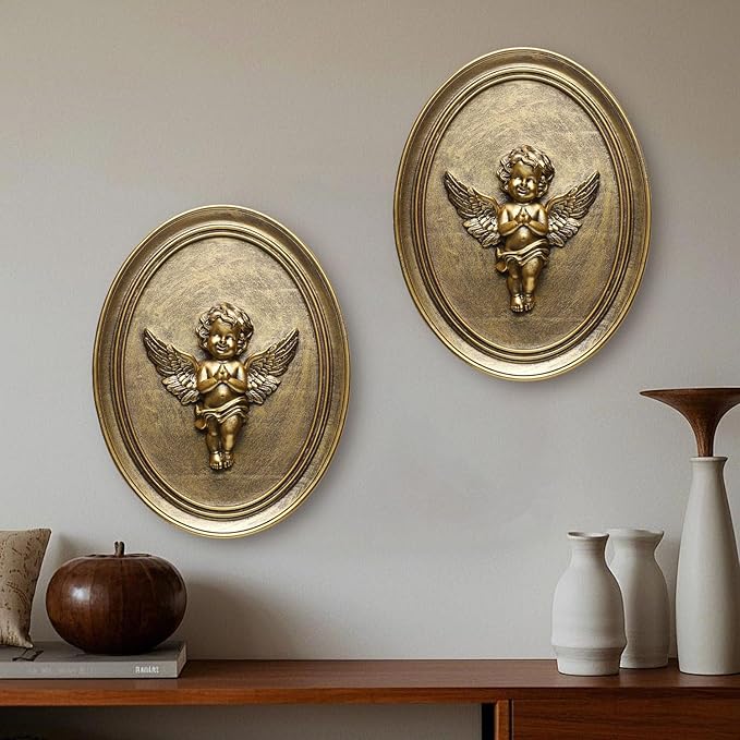 Newinhome Vintage Cherub Wall Sculptures Set of 2 Antique Wall Decor Oval Aesthetic Room Decor Vintage Decoration for Living Room Hallway and Bedroom (Gold Cherubs)