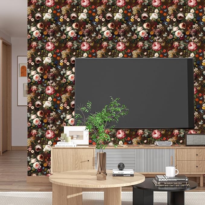 Brown Floral Peel and Stick Wallpaper Boho Leaf Contact Paper Dark Rose Removable Self Adhesive Waterproof Wall Paper for Cabinet Drawers Wall Decor Renter Friendly 17.5''x393''