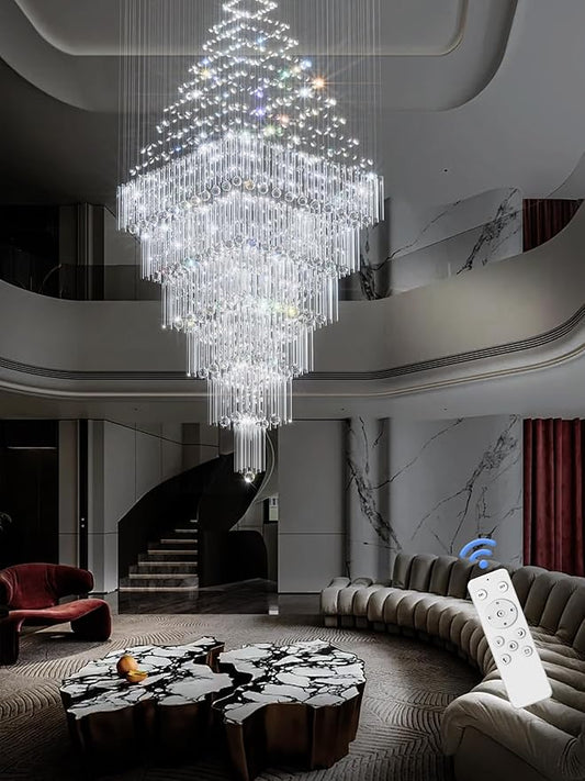 Flashing God D48''X H120'' Large Crystal Chandeliers for High Ceiling Square Crystal Raindrop Chandelier, Foyer Long Lighting Fixtures for Foyer Entryway Villa Silver ﻿