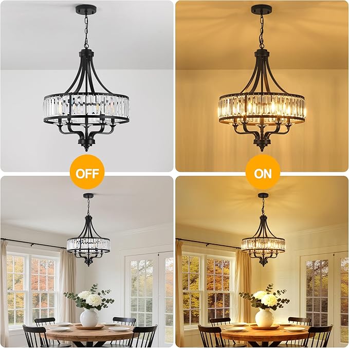 Modern Black Crystal Chandelier,5-Light Farmhouse Dining Room Light Fixture Over Table Adjustable Height Hanging Industrial Pendant Lights Kitchen Island,Living Room Kitchen Island Entryway