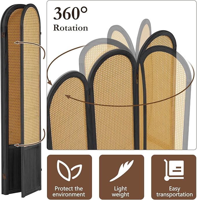 4 Panel Rattan Room Divier, Room Divider Panel and Folding Privacy Screens, Room Divider Wall, Solid Wood Frame, Partition Room Dividers, Bedroom, Dining Room, Lounge, Black
