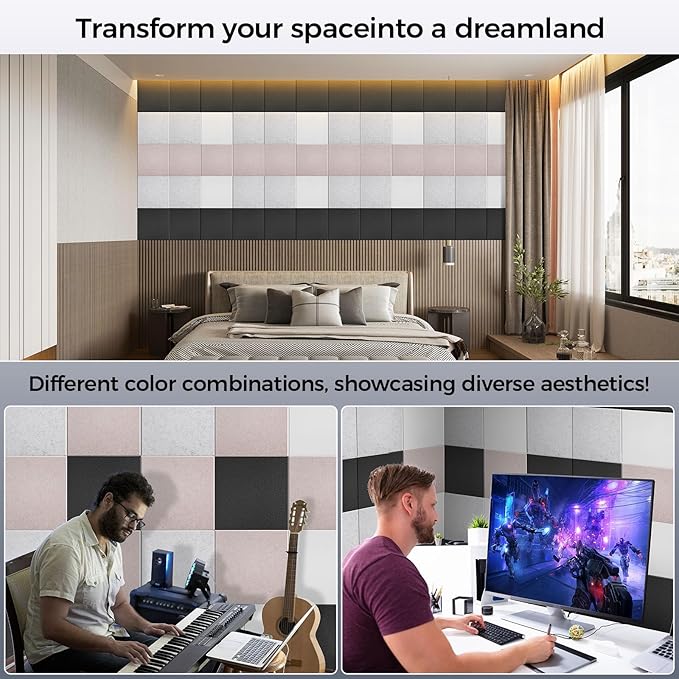 10 pcs 165dtex Microfiber Acoustic Panels ，Self-Adhesive Soundproof Wall Panels, 12 x 12 x 0.4 in Sound Proof Foam Panels for Walls, High Density, Noise Dampening Panels for Home Studio（White）