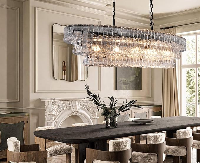 54 Inch Large Rectangular Black Chandelier for Dining Room, Clear Glass Drum Modern Pendant Light Fixture, Extra Long Kitchen Island Lighting