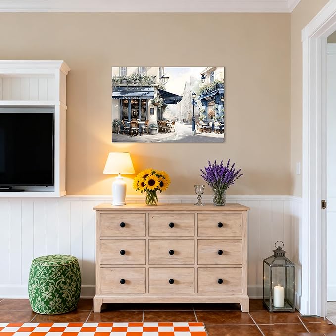 Modern Framed Street View Wall Art European Coffee Shop Canvas Print, Contemporary City Scene Painting, Vintage Cafe Artwork for Kitchen Dining Room Living Room, Bedroom Home Decor, Multi Size