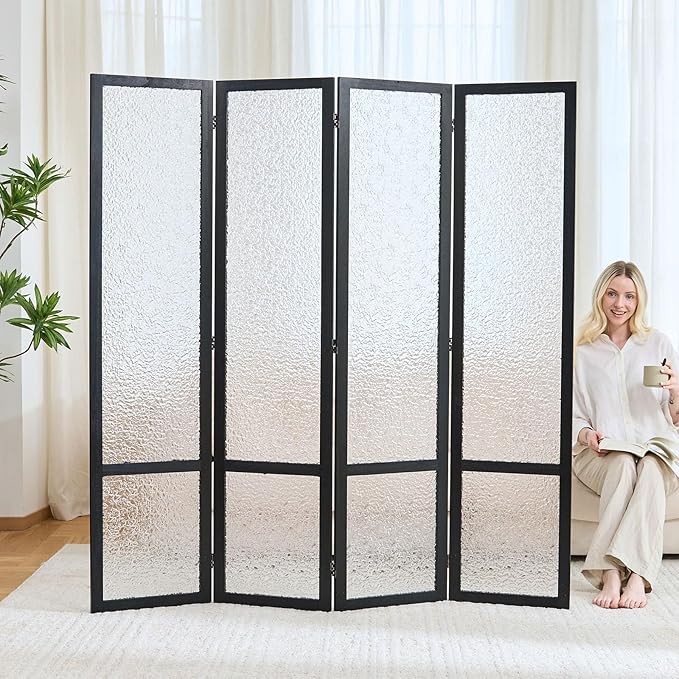 4 Panel Acrylic Room Divider Privacy Screen - Freestanding Frosted Translucent Partition, Lightweight Modern for Home Office Studio (Black, 4 Panels)