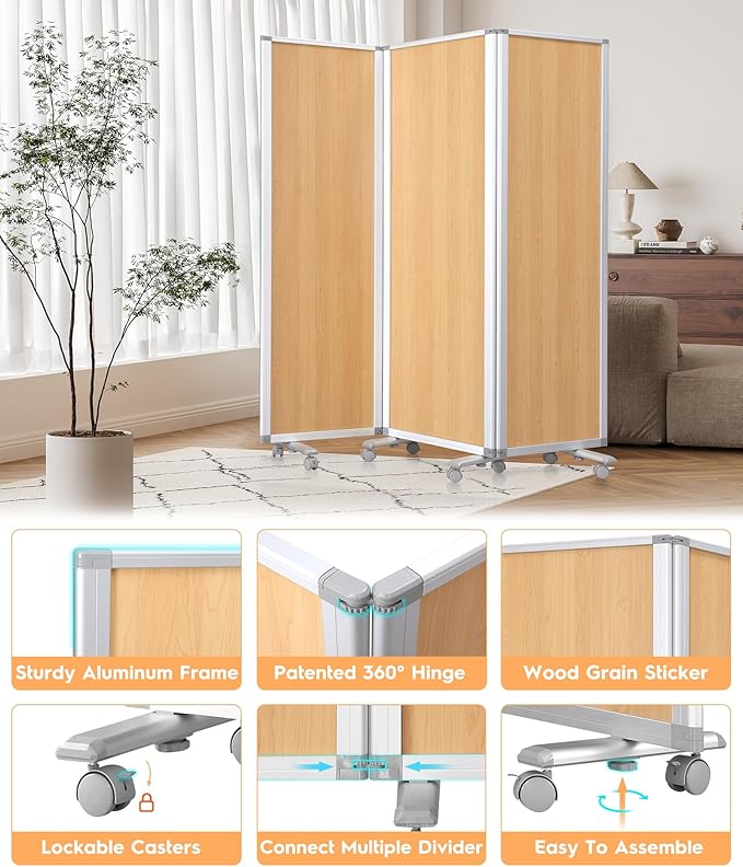 3-Panel Room Partition Mobile Wall Divider Folding Privacy Screen Temporary Room Separator,Natural Wood Grain Print,71" H x 24" W