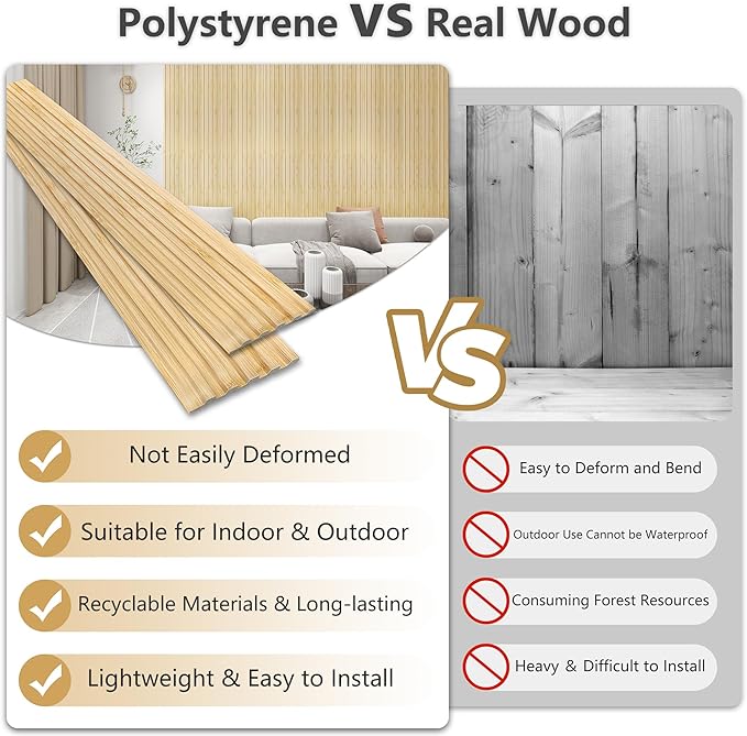 KASARO 3D Faux Wood Wall Panels - 16 Pack (47.2"x4.8") Fluted Slat Paneling for Walls & Ceilings, Adhesive or Nail Install, Waterproof Textured Decor - Living Room, Bedroom,Oak