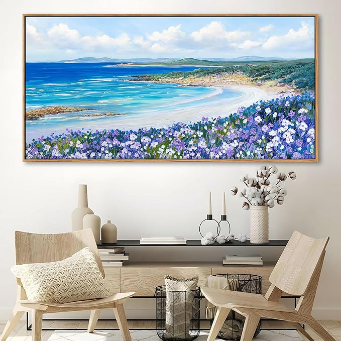 Mofutinpo Coastal Beach Wall Art Large Purple Flower Landscape Canvas Wall Art for Living Room & Bedroom Decor, Framed Blue Beach Pictures & Paintings for Walls,Ocean Artwork for Home & Office 20x40IN