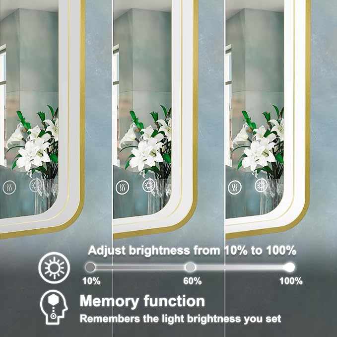 40x30 Inch Gold LED Mirror for Bathroom with Lights, Wall Mounted Lighted Bathroom Vanity Mirrors, Anti-Fog, Memory Funtion, Stepless Dimmable, Horizontal or Vertical