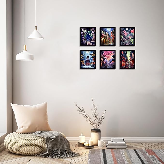 Luodroduo Japanese Wall Art Set of 6 Japan Rural Architecture Abstract Scenery Illustration Wall Decor Countryside Streets Canvas Art Poster for Living Room Bedroom Wall Art (A, 8"x10" UNFRAMED)