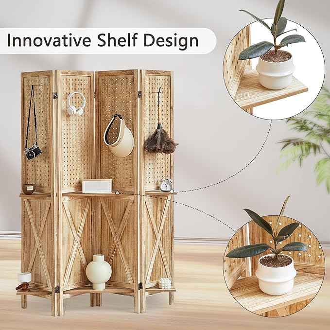 4 Panel Pegboard Room Divider with Shelves, Wood Room Divider and Folding Privacy Screen, Peg Board Display Stand Wall Divider for Room Separation for Craft Shows Events Retail, Natural
