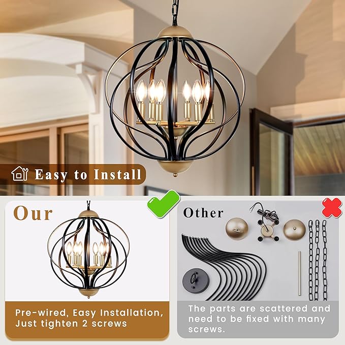 Black and Gold Chandelier, Modern Farmhouse Chandelier 17.7" Geometric Sphere Chandelier for Entryway 6 Lights Metal Industrial Pendant Light Fixture for Dining Room,Kitchen Island,Stairs,Foyer
