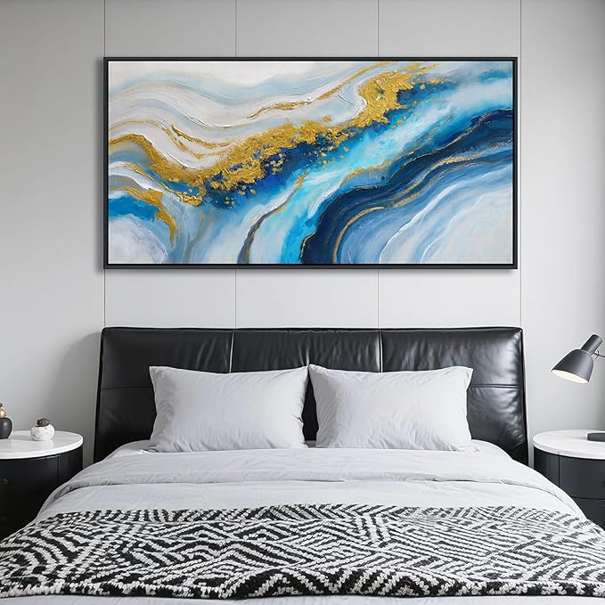 Blue Modern Gold Wall Art for Living Room - Abstract Canvas Wall Art, Office Wall Decor, Above Bed Wall Decor, Large Pictures for Bedroom Framed Artwork for Walls 24×48IN