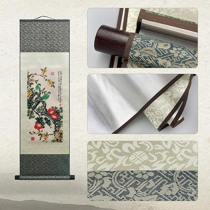 AtfArt Asian Wall Decor Beautiful Silk Scroll Painting 4 Color Flower bird - Starling Thrush Magpie Parrot Oriental Decor Chinese Art Wall Scroll Hanging Painting Scroll 36.2 x 12in (Green Parrot)