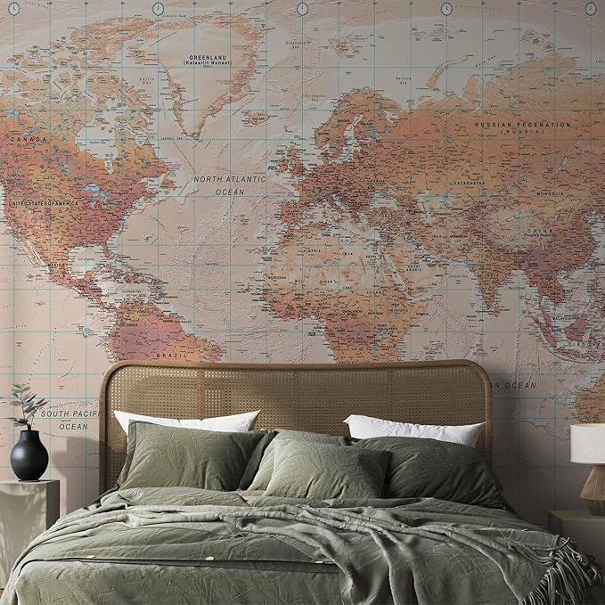 artgeist Premium Wall Mural World Map 79x55 in - XXL Non-Woven Wallpaper Fleece Wall Decor Photo Print Picture Image Design Home Map of The World k-A-0091-a-c