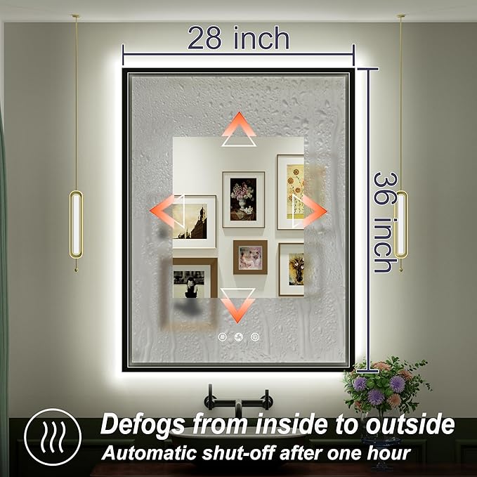 28x36 Inch Black LED Bathroom Mirror with Front & Back Ligths, Adjustable 3000K/4500K/6000K, Lighted Bathroom Vanity Mirror, Memory, Dimmable, Anti-Fog, Wall Mounted, Horizontal/Vertical