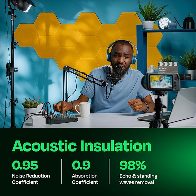 Acoustic Panels 12-Pack Soundproof Wall Panels 12"X10.4"X0.4" Sound Panels High Density Sound Dampening Panels - [Yellow Orange Gold Hexagon]