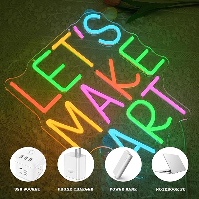 Let's Make Art Neon Sign Art Neon Light for Wall Decor Colorful Letter Led Neon Signs Classoom Led Neon Lights for Calssroom Decoration
