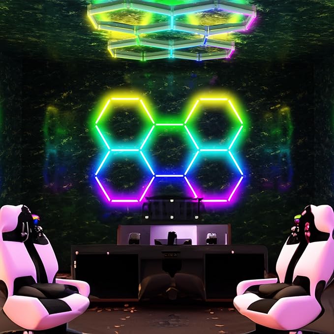 Neatfi LED Hexagon Garage Lights, 43.2W, Honeycomb Ceiling Light for Auto Shops, Car Detailing, Workshop, Gym, Basement, Warehouse, Barber Shop and Beauty Salons (5 Hex Grids, RGB)