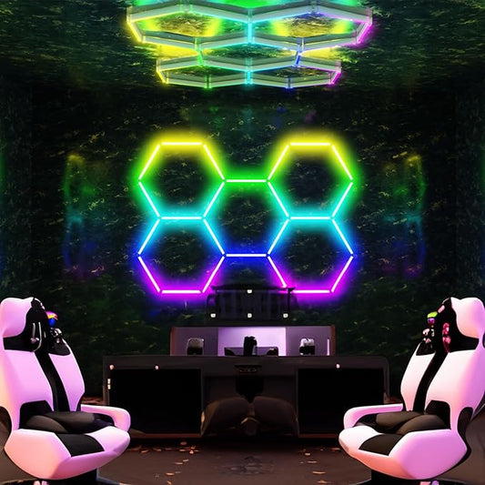 Neatfi LED Hexagon Garage Lights, 43.2W, Honeycomb Ceiling Light for Auto Shops, Car Detailing, Workshop, Gym, Basement, Warehouse, Barber Shop and Beauty Salons (5 Hex Grids, RGB)