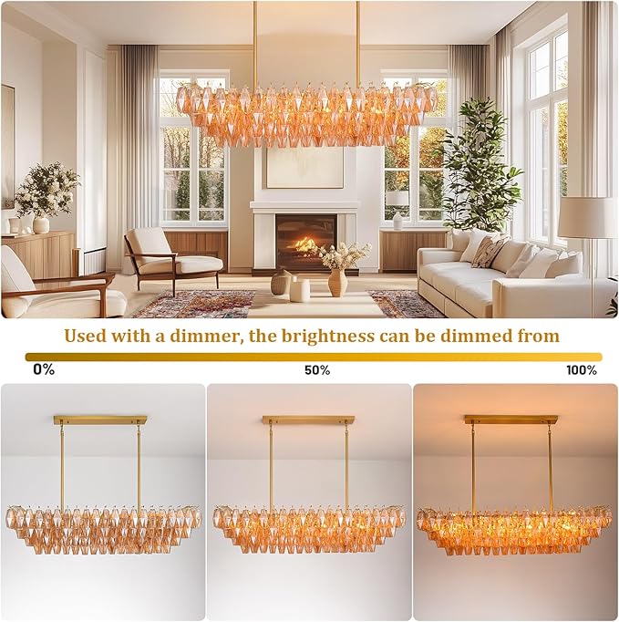 Modern Gold Rectangular Chandeliers for Dining Room, 14-Light 4 Tiered Crystal Brass Chandelier Over Dining Table, Amber Glass Chandeliers for Kitchen Island, Long Chandelier for Living Room