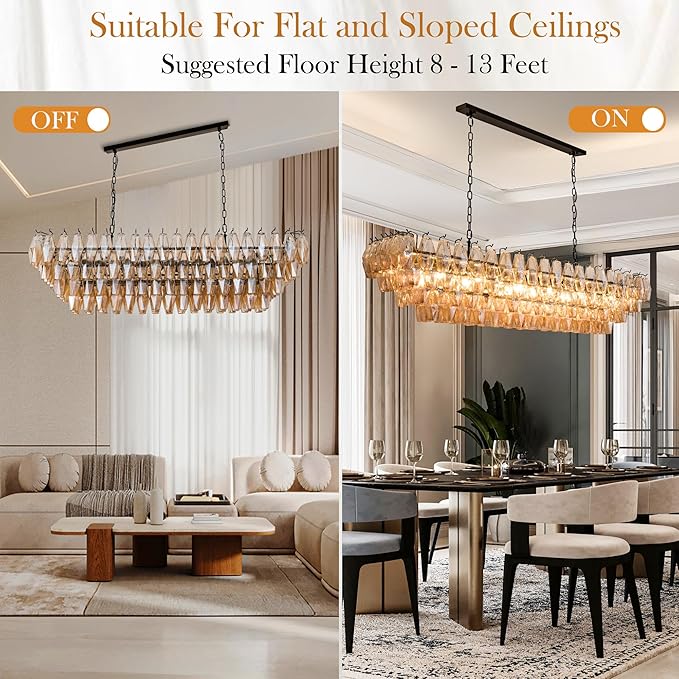 54" Black Rectangular Chandeliers for Dining Room, 12-Light 4 Tiered Large Smoke Glass Chandelier, Modern Kitchen Island Farmhouse Hanging Light Fixture for Living Room Foyer